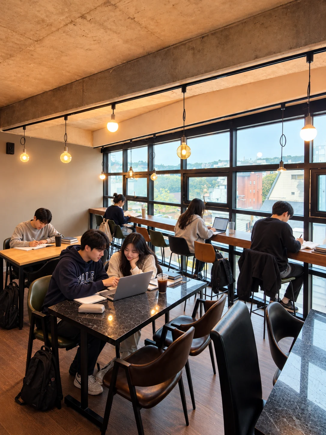 햇살이 들어오는 창가에서 함께 공부하는 사람들